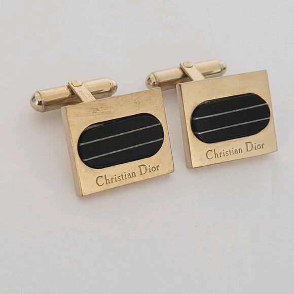 Christian Dior Gold Black Tone Logo Cufflinks Vintage Germany Rectangle Designer - Picture 2 of 6
